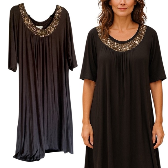 ULLA POPKEN Brown Peasant Dress Midi Sequin Detail Around Neckline Woman’s 20/22 - Picture 3 of 6